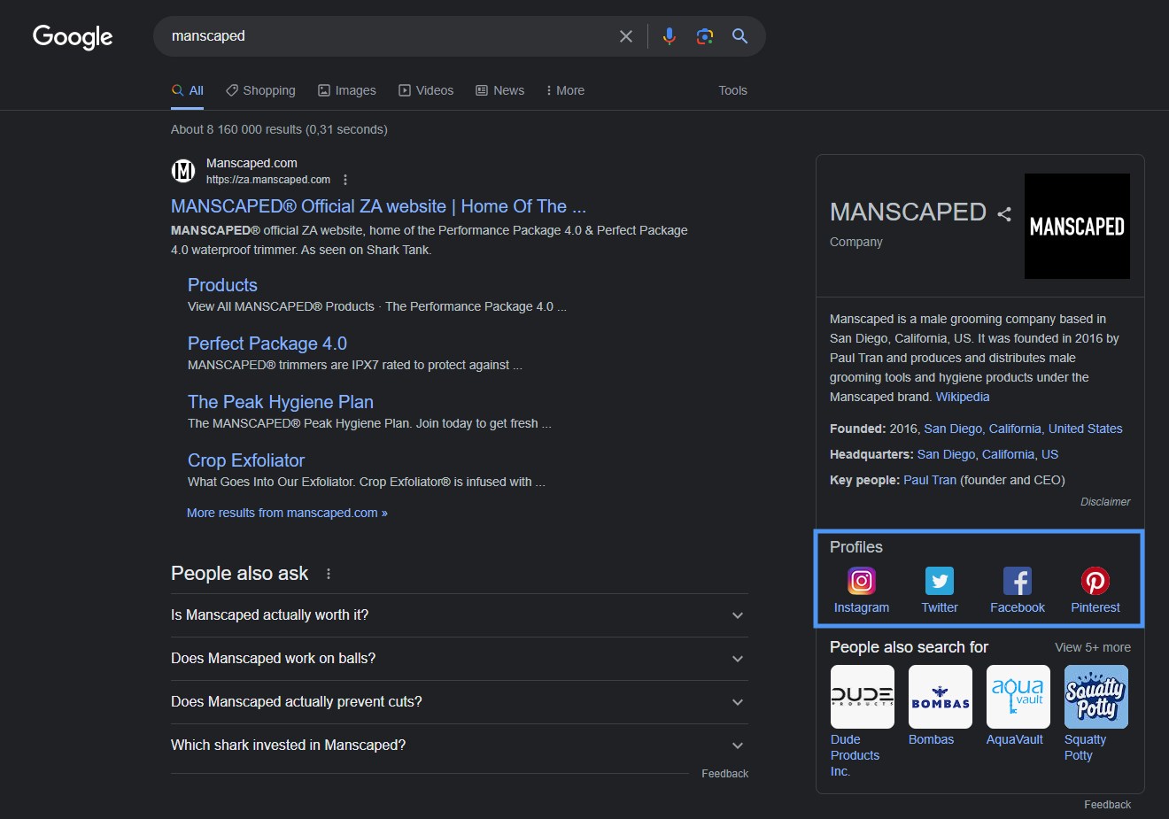 manscaped Social-Media-Profile im Knowledge Graph